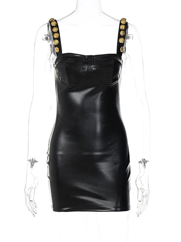 PU Imitation Leather Button Shoulder Straps Slim Bodycon Dress Women Sleeveless Skinny Mini Dress Evening Club Party Vestidos