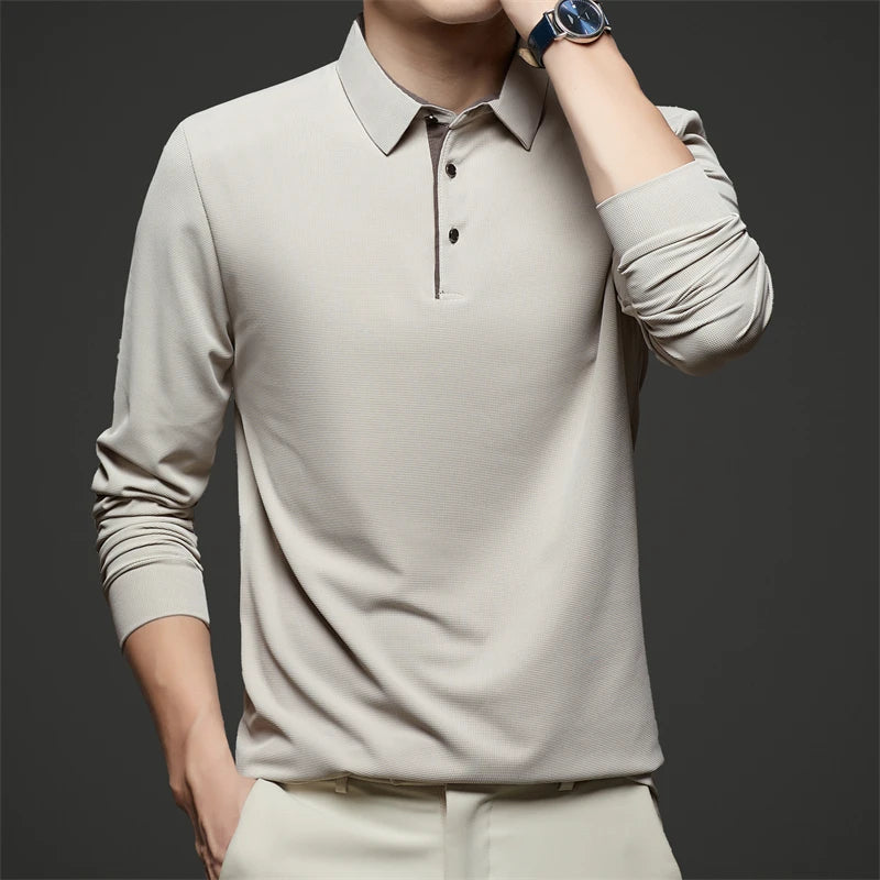 New Men's Business Casual  Long Sleeve Solid Color Polo Shirt Fashionable Warm Comfortable Four Seasons Versatile Top