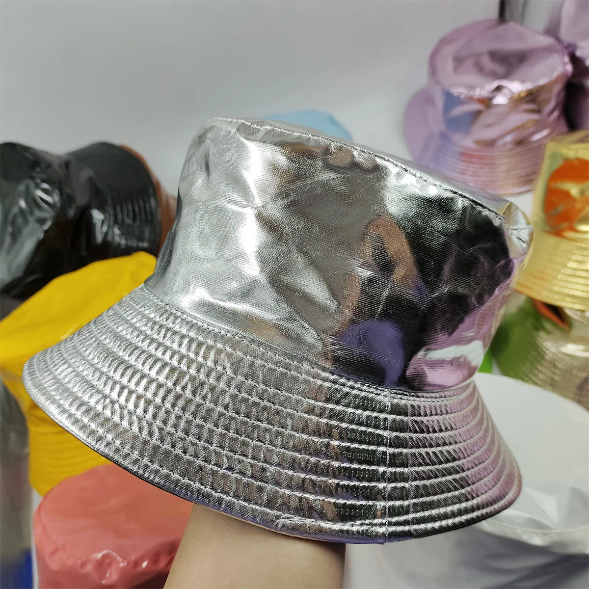 Colorful Shiny Leather Two Sided Fisherman Hat Women's and Men's Hip Hop Summer Sunshade Hat Foldable Bucket Hat