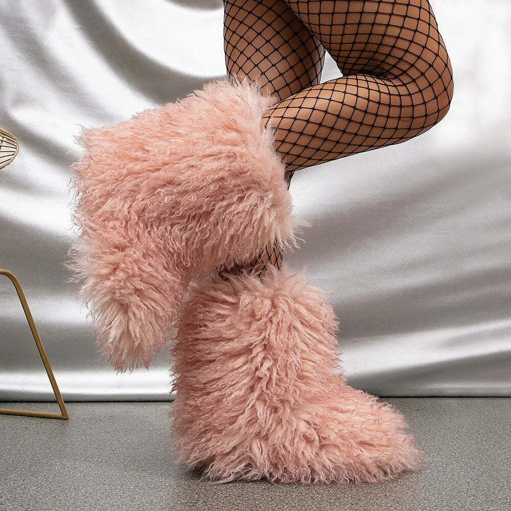 Winter Warm Plush Snow Boots for Women Furry Fluffy Faux Mongolian Fur Boots