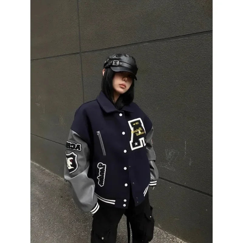 Letter Embroidery Bomber Jacket Men Women Autumn Winter Leather Sleeves