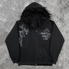 Y2K Zipper Hoodie Dark Faux Fur Collar Harajuku Skull Zipper Punk