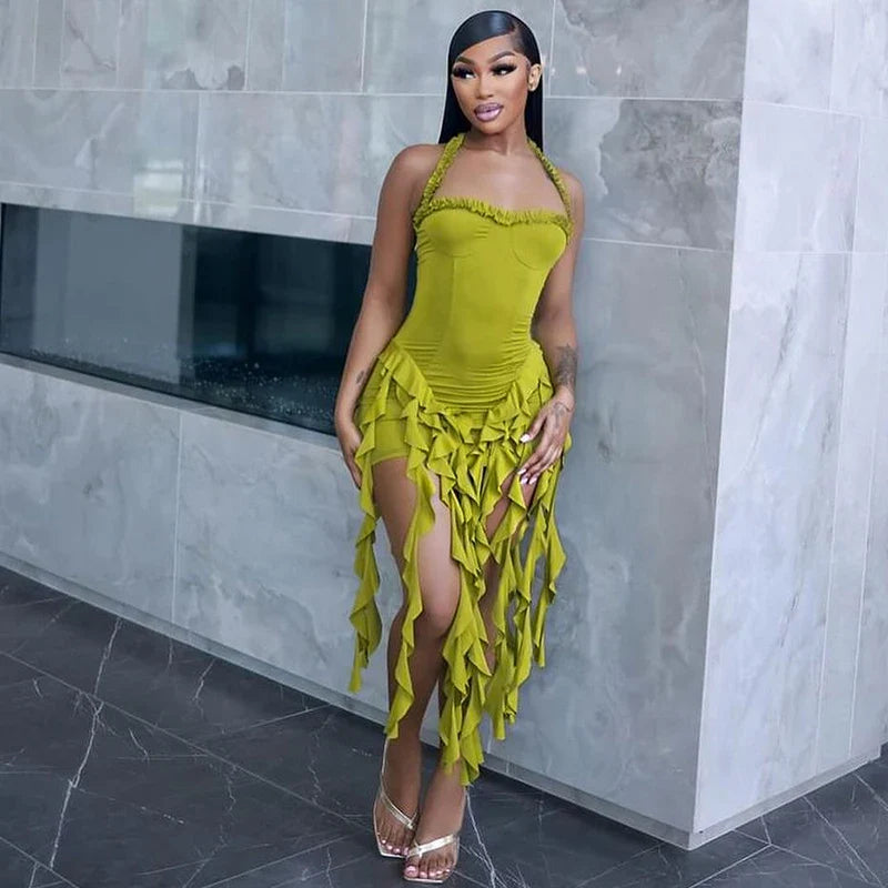 Hugcitar Elegant Halter Solid Ruffles Backless Taseel Sexy Slim Mini Dress Spring Women Cute Outfits Birthday Party Vacation