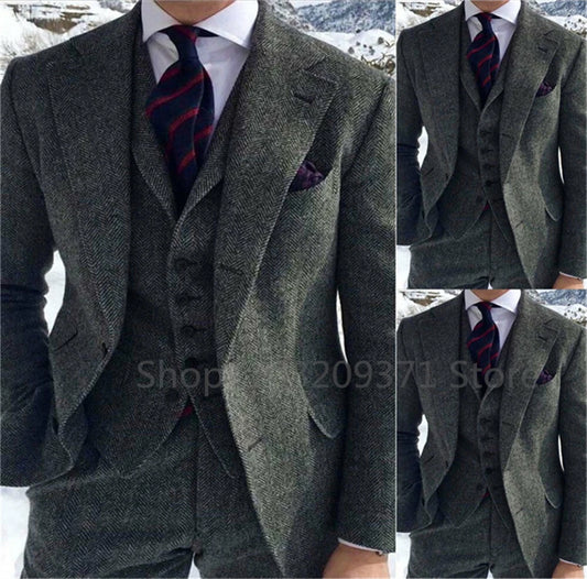 Gray Herringbone Winter Suit for Men Wool Tweed Slim Fit Formal Groom