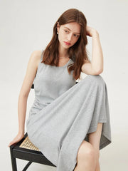 FSLE T-Shirt Dress Sleeveless Long Spilt Grey Dresses Pleated Short Sleeve