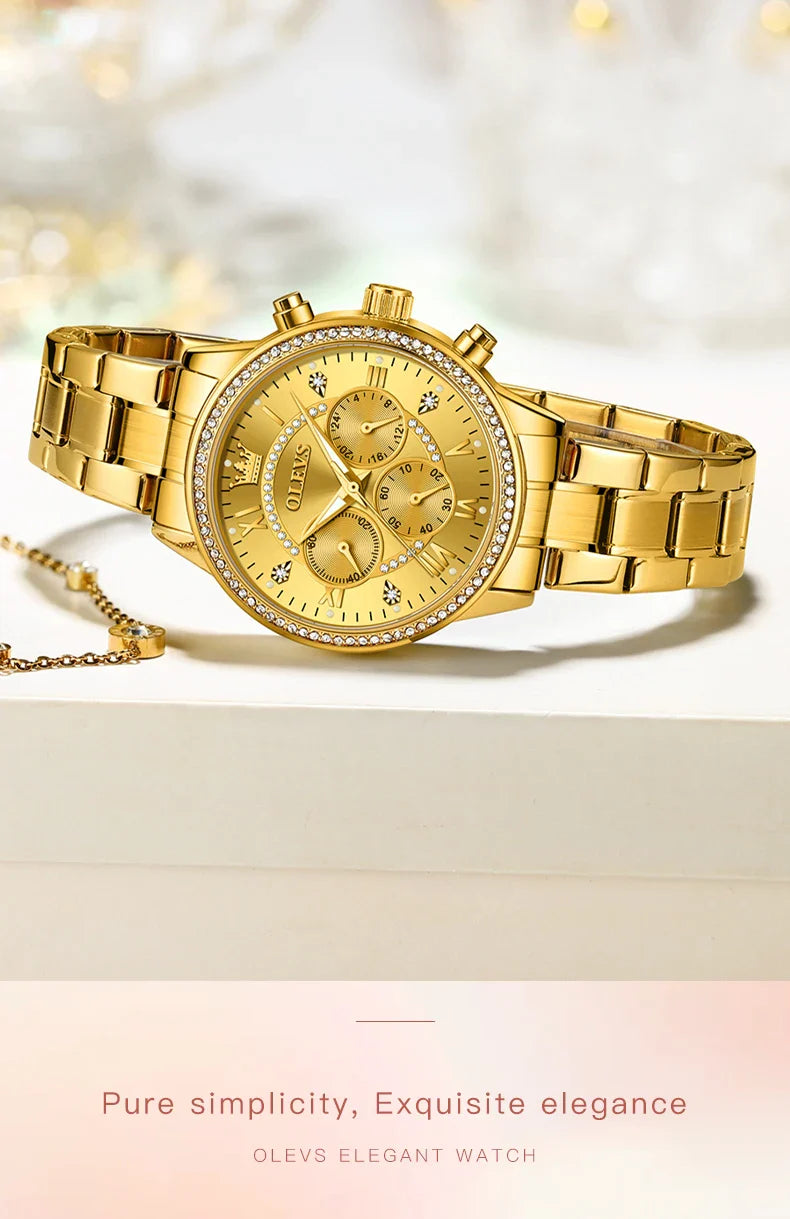 OLEVS Women's Watches Top Brand Luxury Original Quartz Watch for Ladies Chronograph Waterproof Luminous Rhinestone Dial 24 Hour