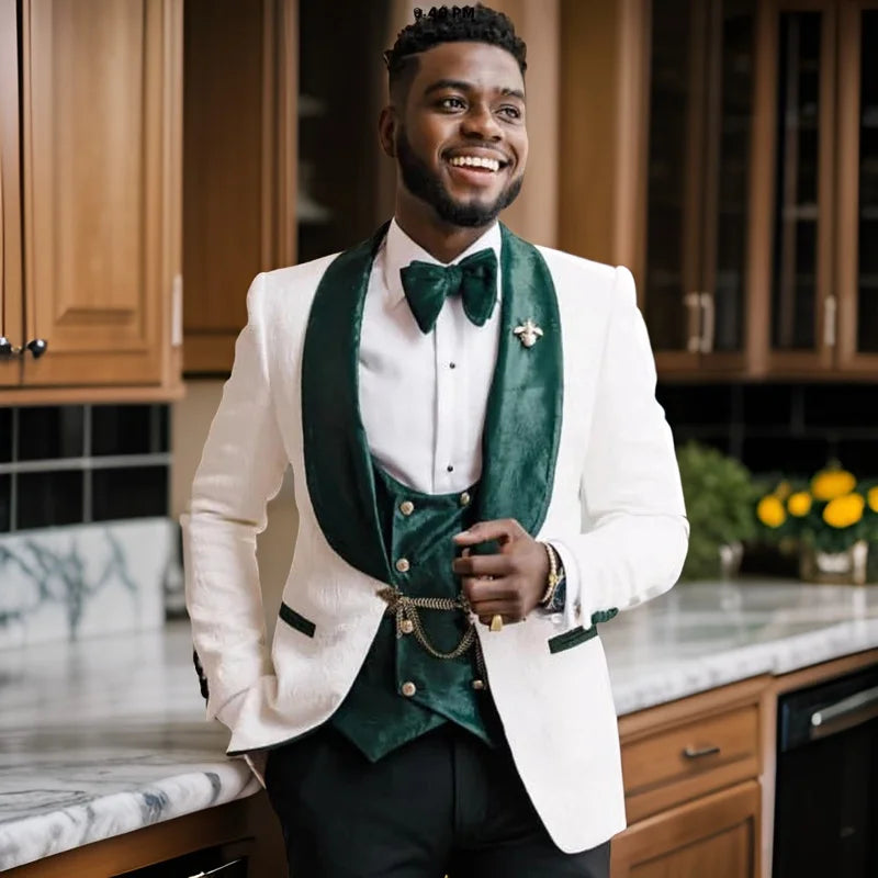 3 Pieces Groom Tuxedo for Wedding African Slim Fit Men Suits White Floral