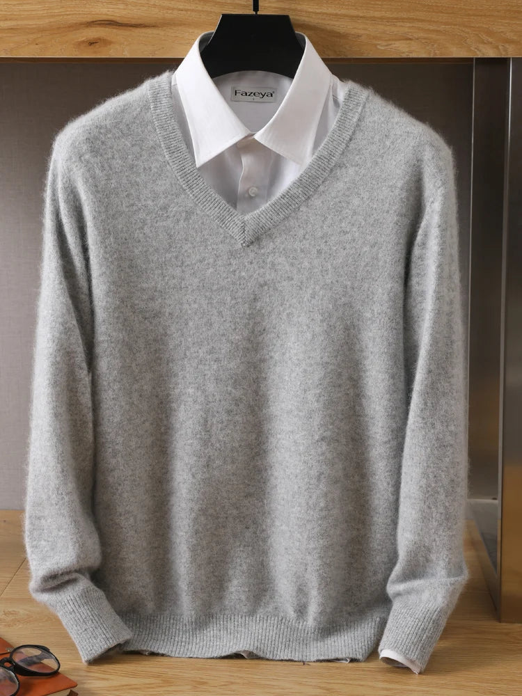 Men's 100% Mink Cashmere Sweater V-Neck Pullovers Knit Large Size Winter