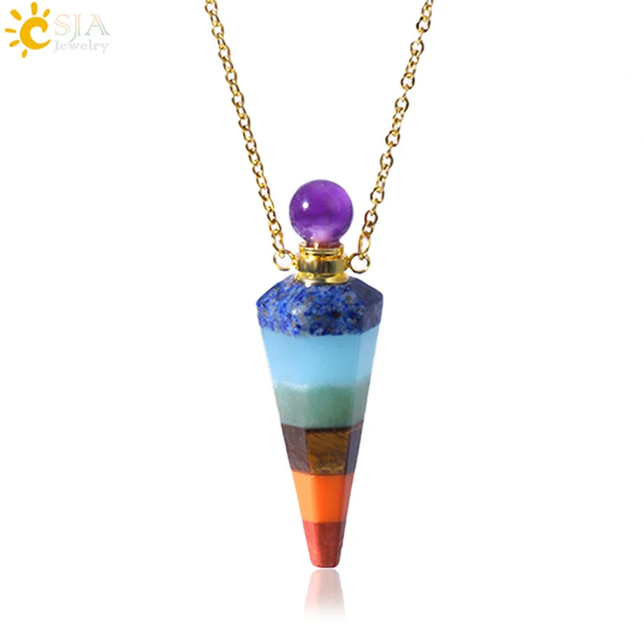 Natural Stone Cone Perfume Bottle necklace Healing Clear Quartz Crystal Pendant Reiki Essentials Oil Diffuser Vial Necklace H119