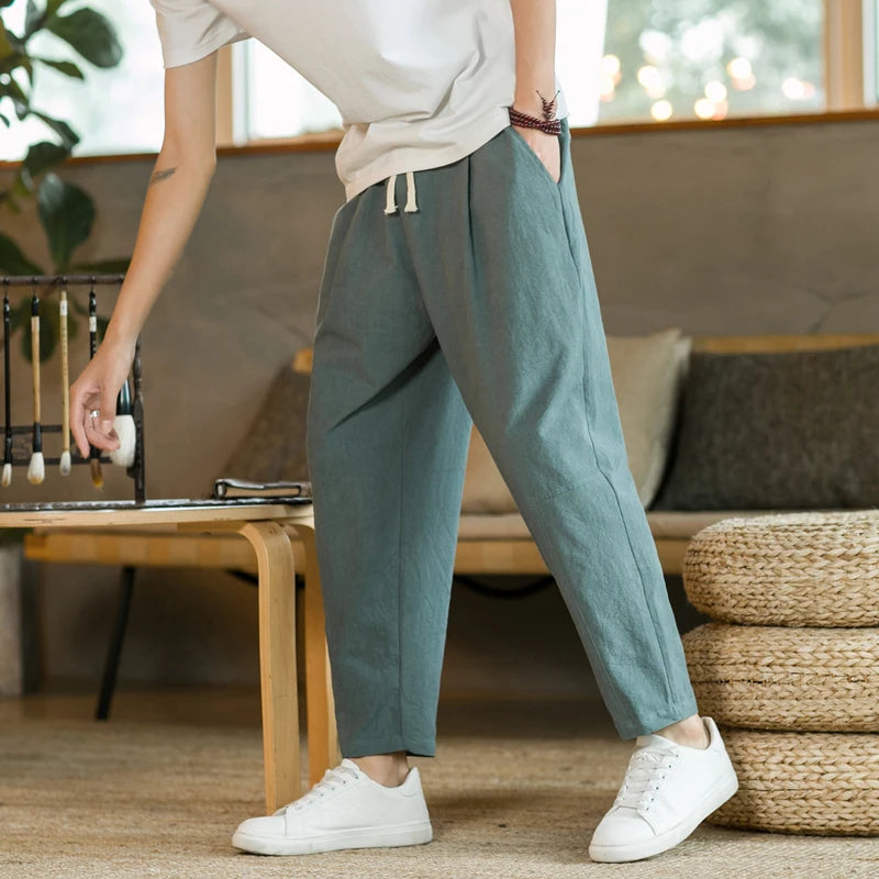 Men's Trousers Cotton Linen Fashion Casual Pants Solid Color Breathable