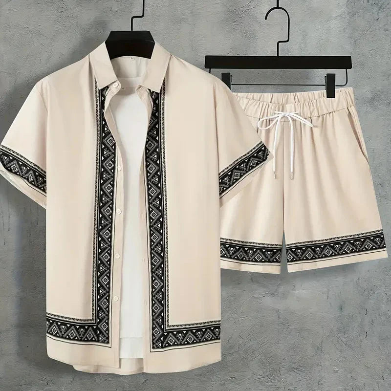 2024 New Men's Summer Holiday Suit Retro Textured Printed Border Shirt Short Sleeve Shorts Two Piece Men's Breathable Pool Suit