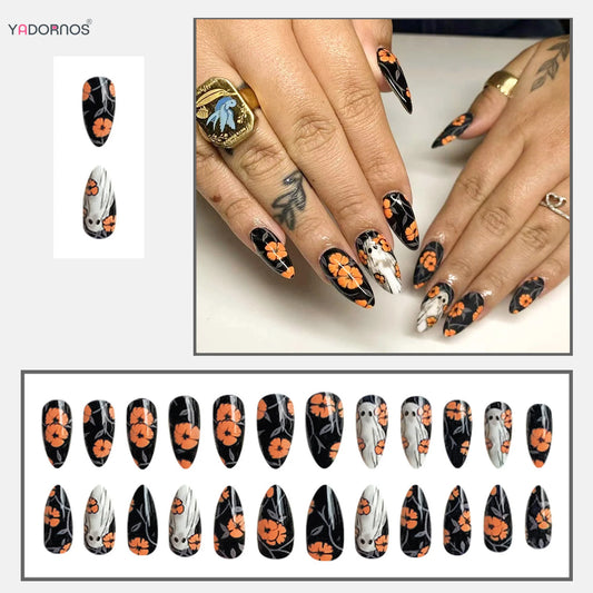 24pcs Dark Black Fake Nails Halloween Theme False Nail Patches Orange Flower Ghost