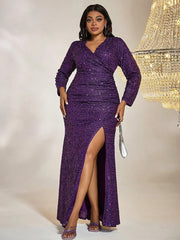 Women Plus Size Maxi Dresses Purple Sequin Wedding Party Dress Ladies Elegant