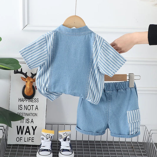 Summer Infant Boys Denim Clothing Set Fashion Striped Shirt And Shorts 2-Piece Tracksuit Casual Outfit for Children