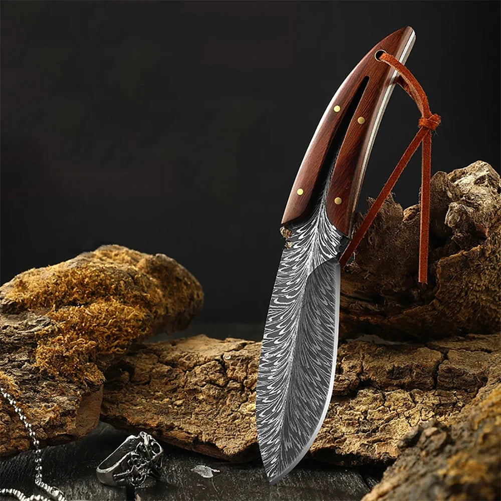 Multi-purpose Feather Pattern Knife With Scabbard Stainless Steel Meat Knife