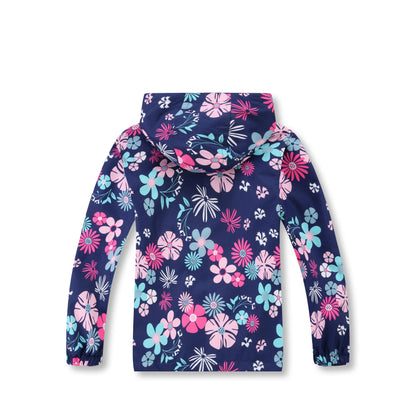 Girls Flower Navy Rain Jacket for Waterproof Coat Lightweight Hooded Warm Lined Raincoats Windbreakers