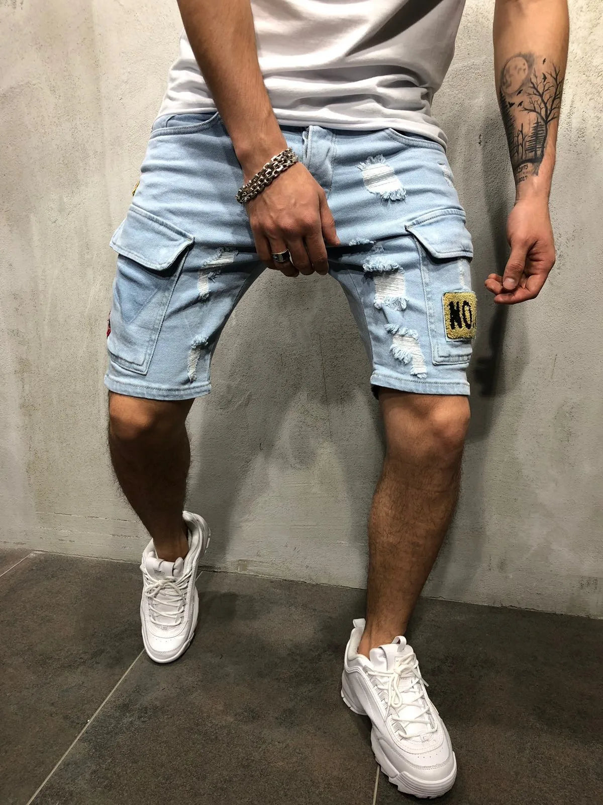 2026 Men's Summer Short Jeans High Stretch Fashion Casual Denim Shorts Male Slim Fit Elastic Badge Pockets Hole Shorts for Men