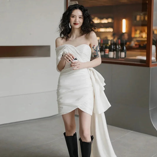 White Bridesmaid Dresses: Sheath Short Wedding Dresses For Women Boat Neck Backless