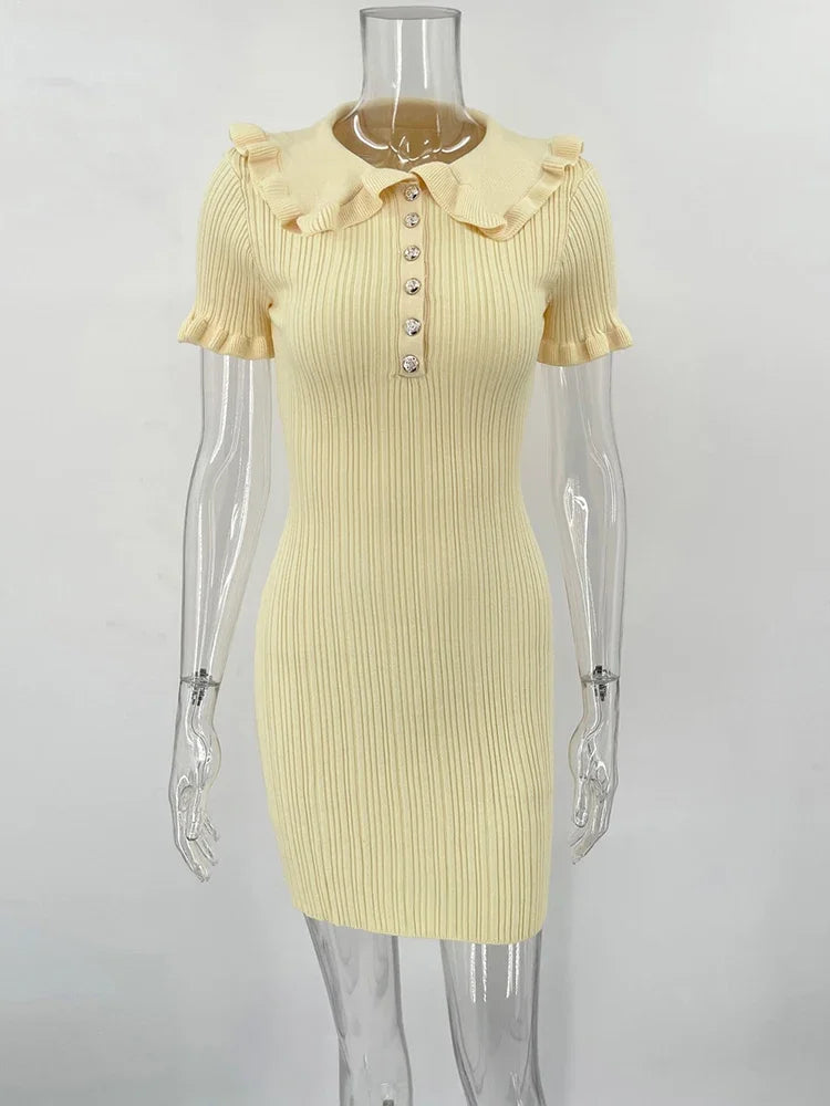 Tornova Ruffled Knitted Mini Dresses For Women High Waist Summer 2025 New Short Sleeve Dress Bodycon Female Retro Elegant Dress