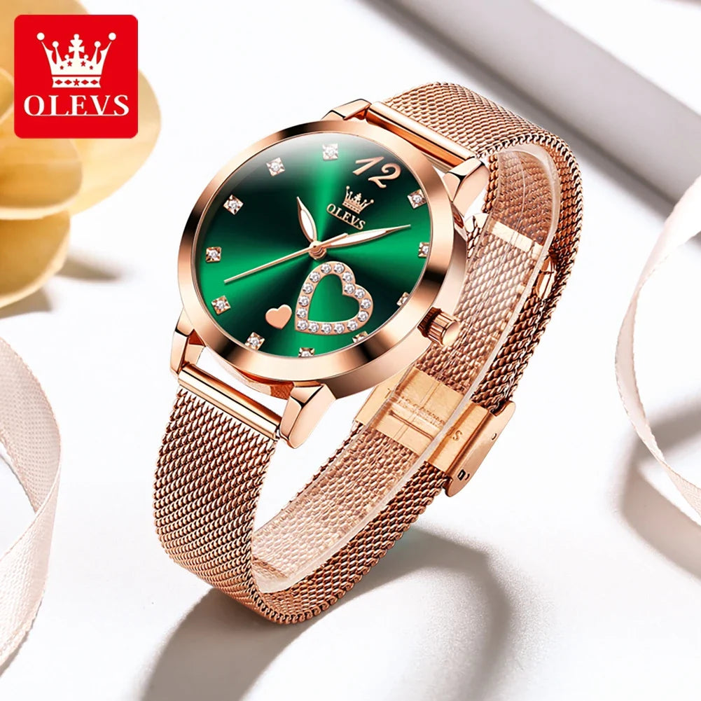 OLEVS 5189 Women's Watch Quartz Wristwatch Casual Fashion Watch for Ladies Waterproof Luminous Mesh Belt Love Dial Zircon Scale