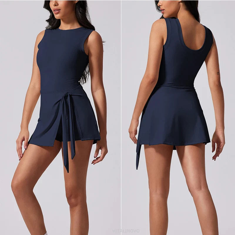 Boat Neck Tennis Dress Golf Dress for Women with Buit-in Short Sleeveless Backless Sarong Wrap Active Dress Workout Romper Dress