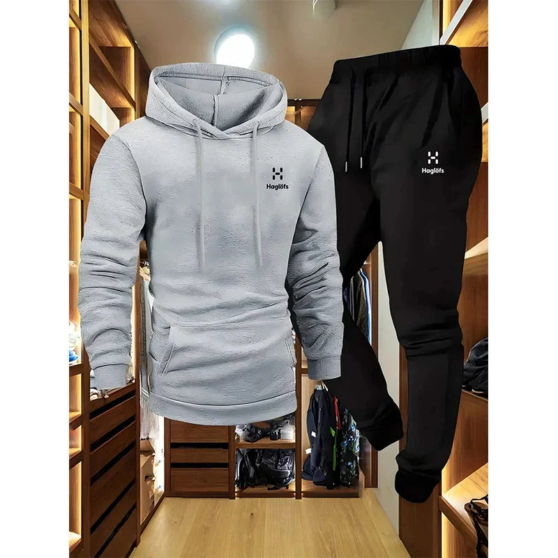 Men's hooded sweatshirt and sweatpants set casual long-sleeved geometric print hooded style pocket comfortable Streetwear style