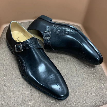 Luxury Men's Monk Strap Wedding Dress Shoes Alligator Print Genuine Calf Leather Handmade Business Office Formal Shoes for Men