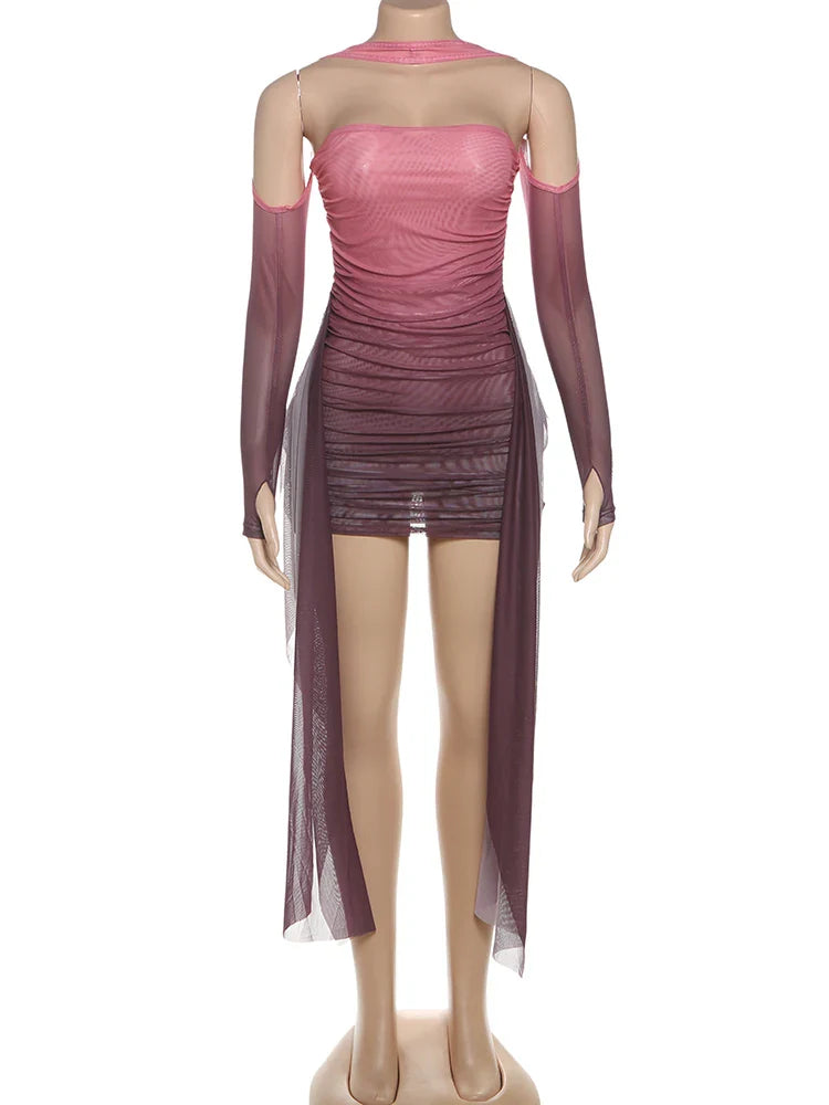 kliou Mesh Simple Women Mini Dress Fashion Solid Strapless Ribbons Tassel Body-shaping Vestidos+Seperately Full Sleeve Gloves