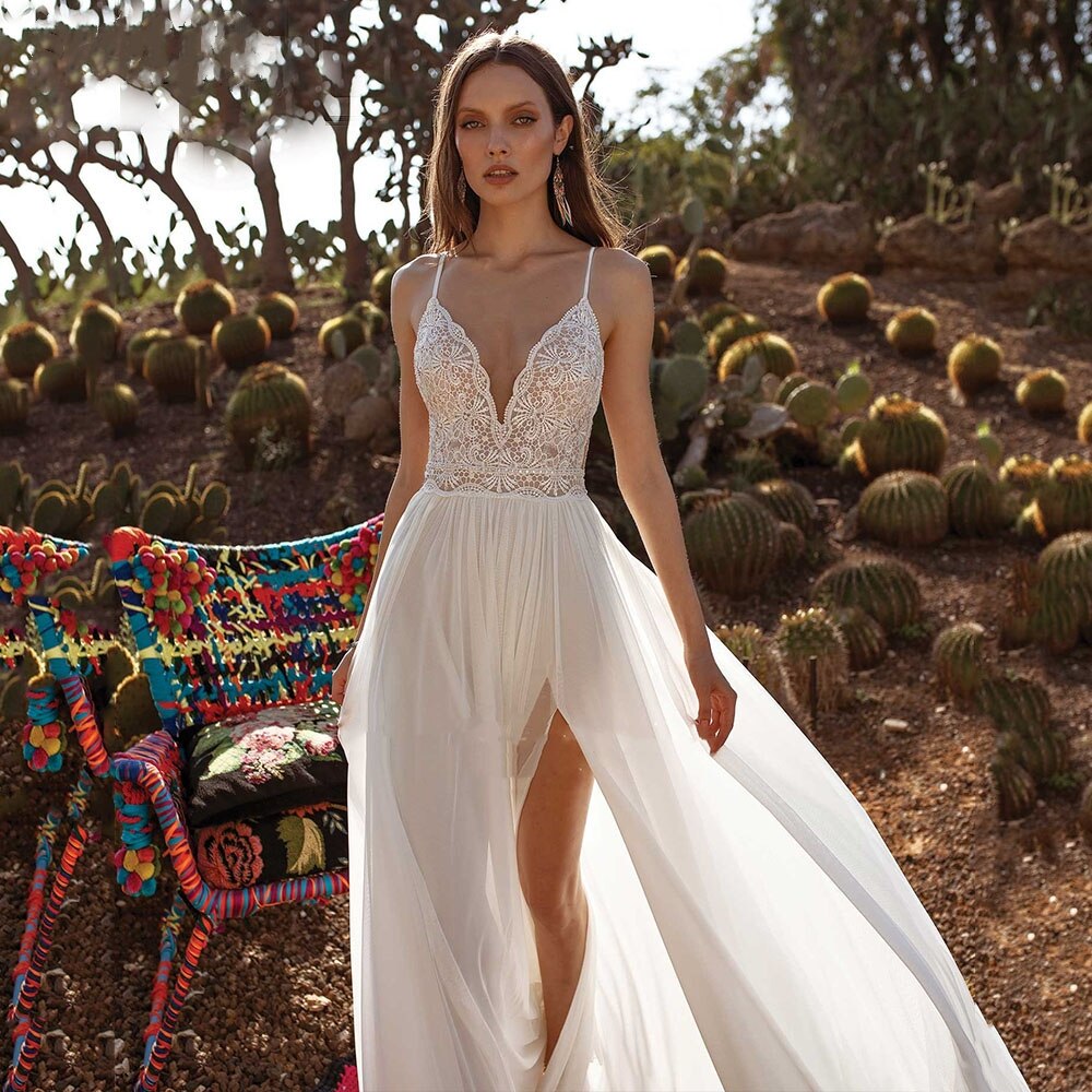 Wedding Dress Chiffon Spaghetti Straps Beach Bridal Gown