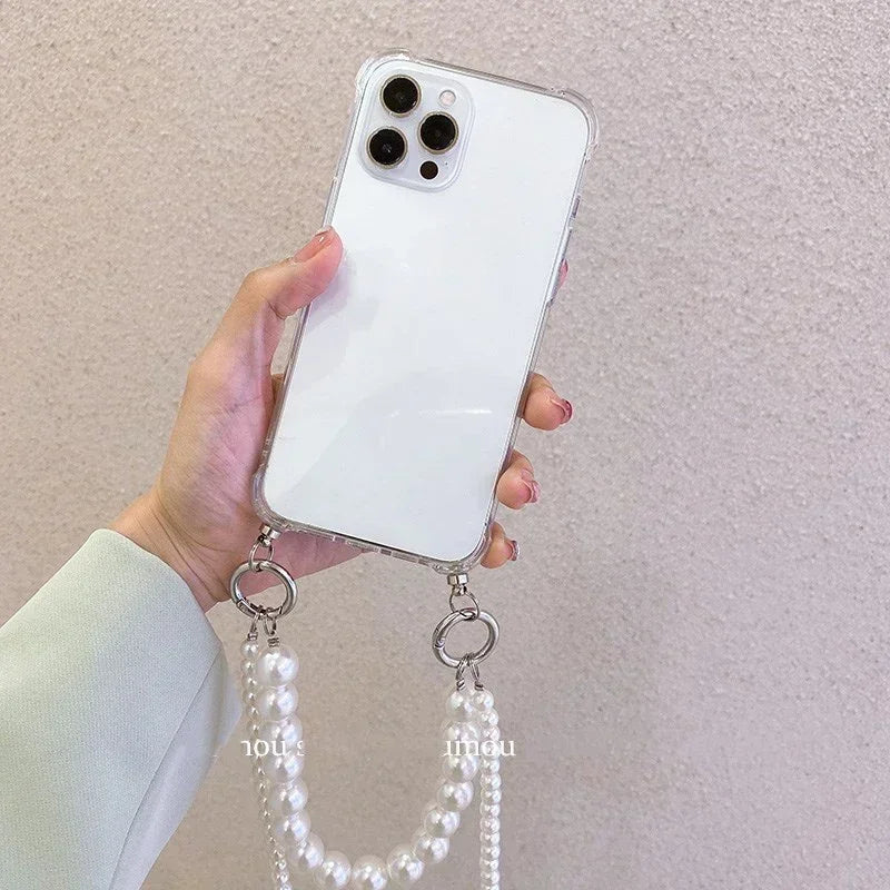 Pearl Chain With Casing for iPhone 16 15 14 13 12 11 Pro Max XR 8 7 Plus Crossbody Necklace Lanyard Phone Case Shockproof Cover