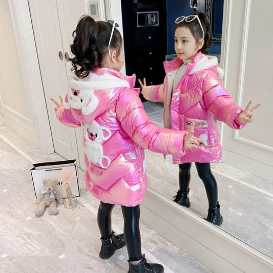 2 4 6 8 Years Girls Long Winter Down Jacket Cute Bear Coats For Girls Parkas Fashion Bright Hooded Children Waterproof Outerwear