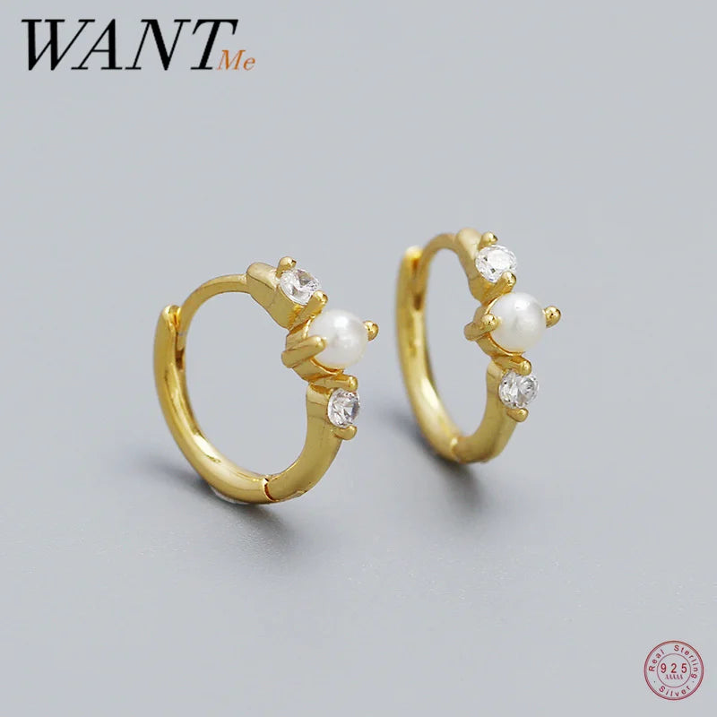 WANTME 925 Sterling Silver Simple Fashion Synthetic Pearl Ear Buckle Bohemian Hoop Earrings for Women Luxury Fine Jewelry Gift