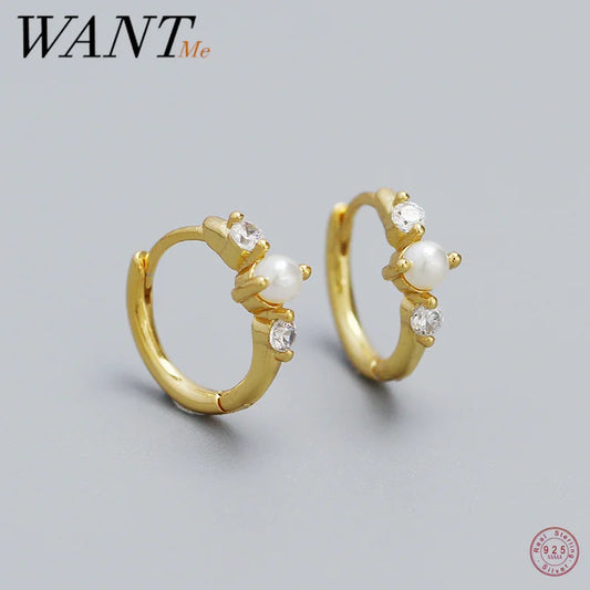WANTME 925 Sterling Silver Simple Fashion Synthetic Pearl Ear Buckle Bohemian Hoop Earrings for Women Luxury Fine Jewelry Gift