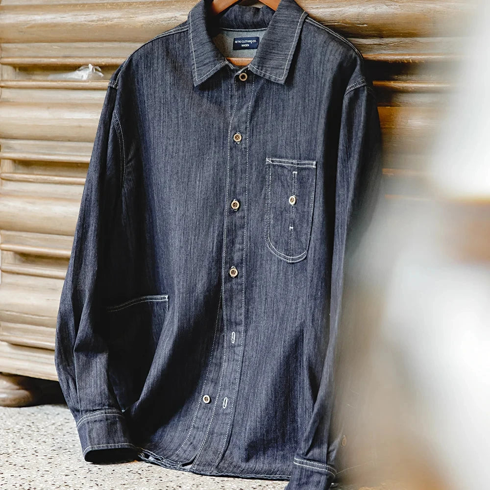 Vintage Large Pockets Washed Denim Shirt Men's Casual Tops