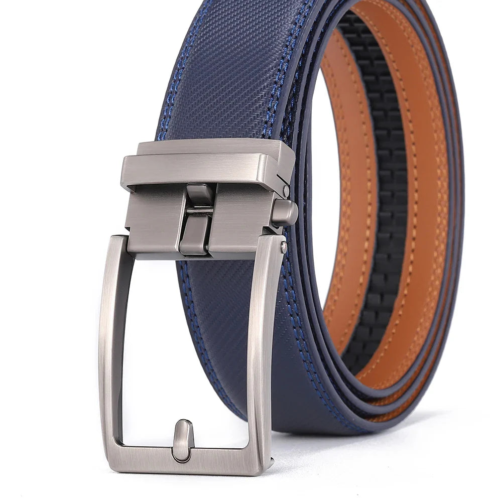 Men's Automatic Buckle Leather Belt, Cowhide, Fake Pin Buckle, No Holes, Fashion, New