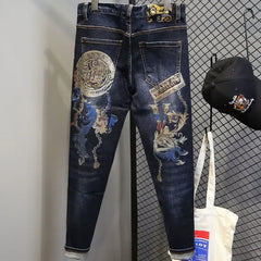 Tapered Graphic Jeans for Men with Print Hip Hop Motorcycle Mens Cowboy Pants