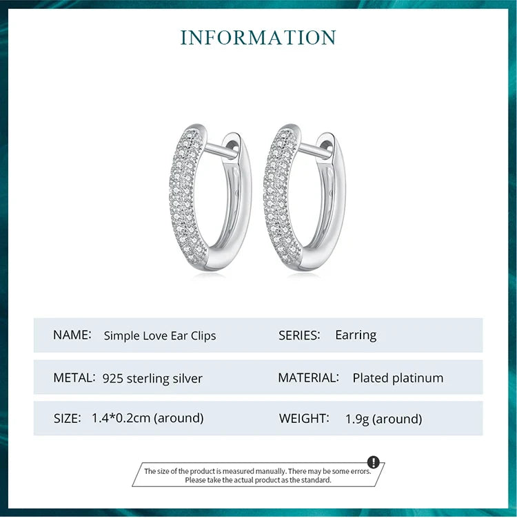 WOSTU 925 Sterling Silver European Simple CZ Ear Buckles Heart Hoop Earrings for Women Wedding Gift Minimalism Jewelry E737