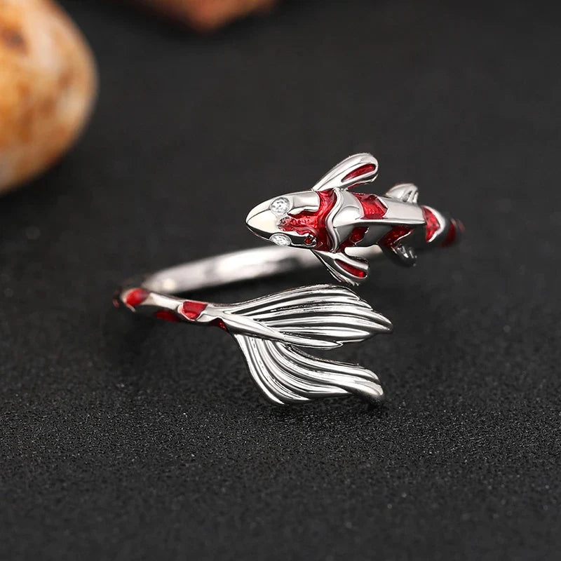 Huitan Creative Red Koi Design Opening Rings for Women Handmade Fish Rings Daily
