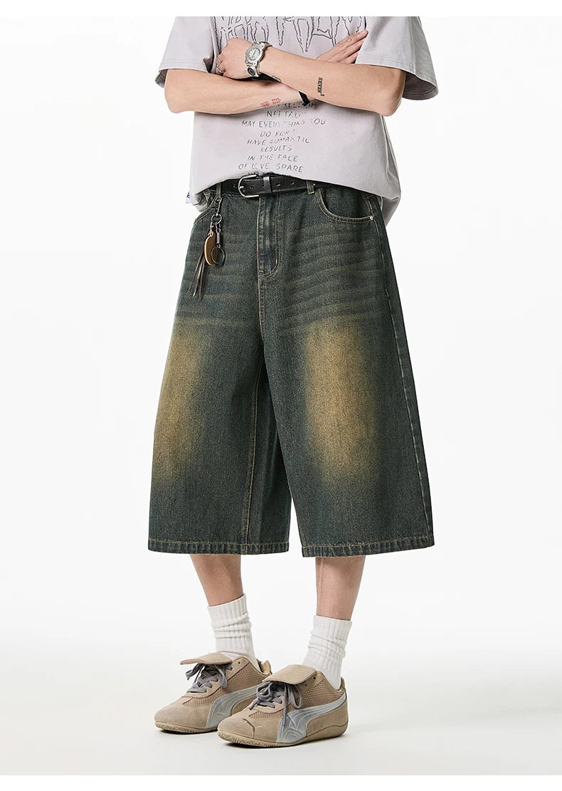 2025 Summer Men's Wide Leg Jeans Shorts Vintage Distressed Wash Y2K Straight Elastic Waist Loose Casual Relaxed Fit
