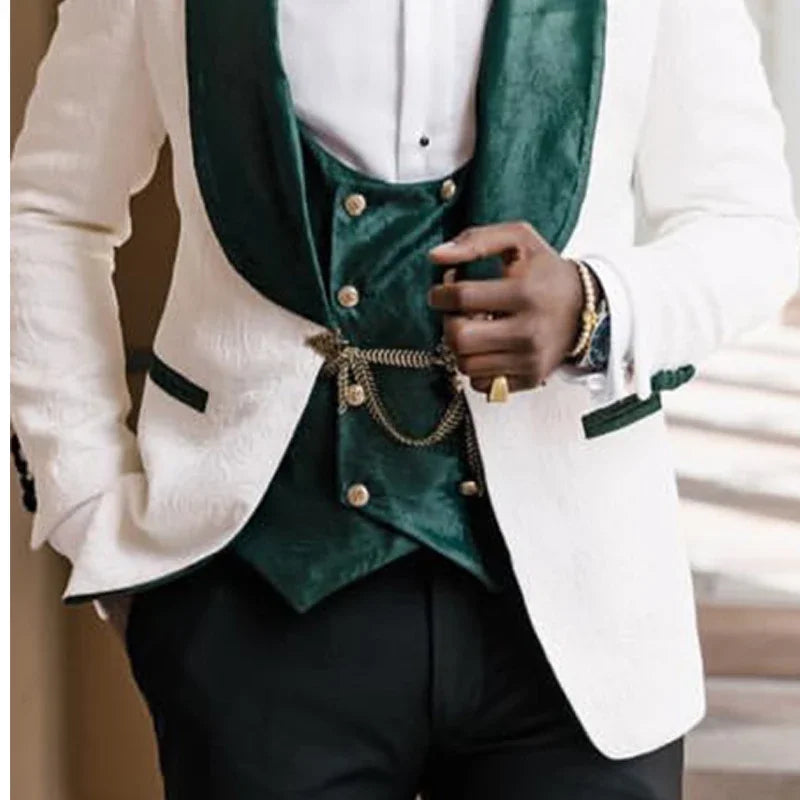 3 Pieces Groom Tuxedo for Wedding African Slim Fit Men Suits White Floral