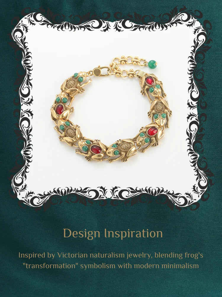 Vintage Adjustable Frog Charm Bracelet with Natural Stone Eyes - 18K Gold Plated Unique Jewelry for Women