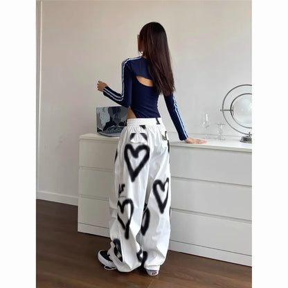 Love Graffiti Wide Leg Pants Women Y2K Elastic High Waist Streetwear Loose Drawstring