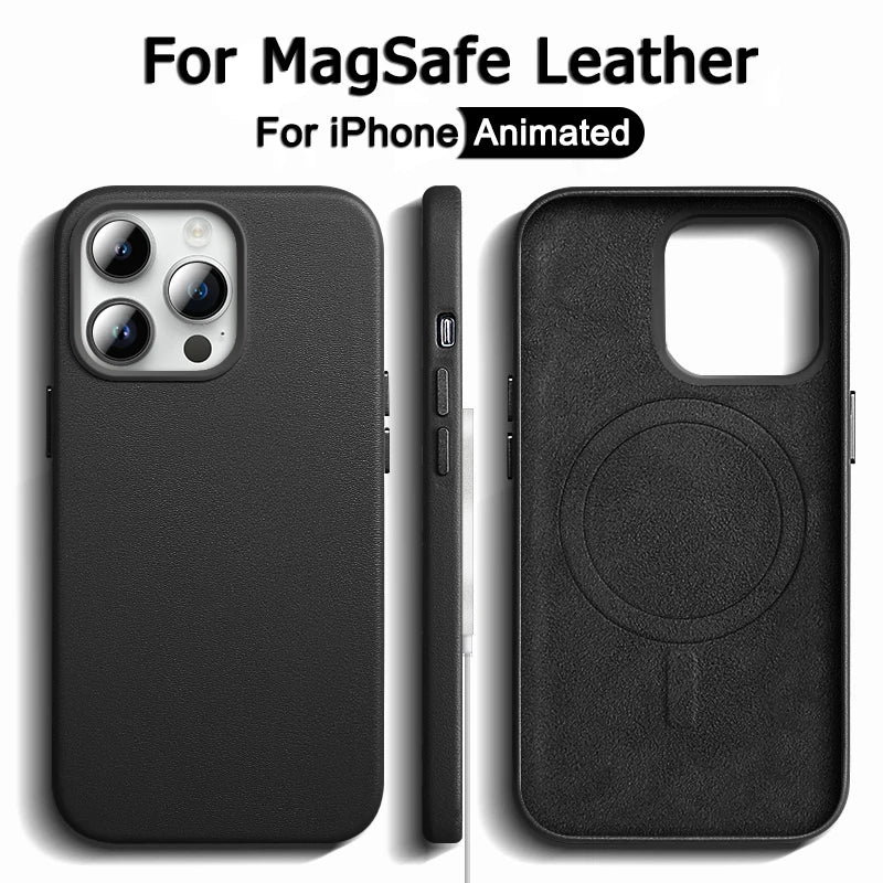 Original For Magsafe Animation Leather Case For iPhone 13 Mini 14 15 16 Pro Max Plus Magnetic Wireless Charging Shockproof Cover