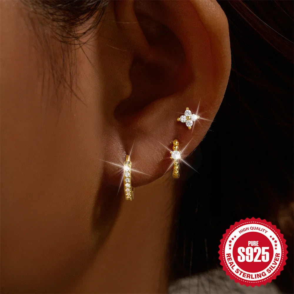 CANNER Set Double Layer Smooth Classic Hoop Earrings For Women 925 Sterling Silver Ins Flower Color Zircon Earrings Fine Jewelry