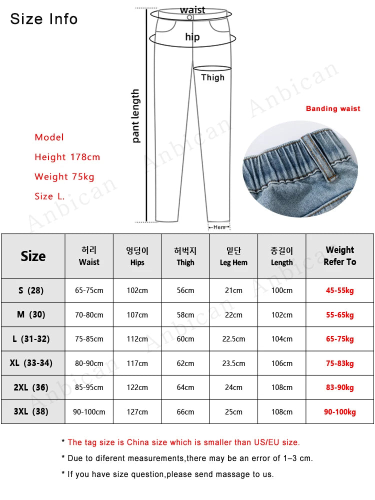 Blue Jeans Men Korean Vintage Banding Waist Denim Cotton Casual Wide-Leg Long Pants
