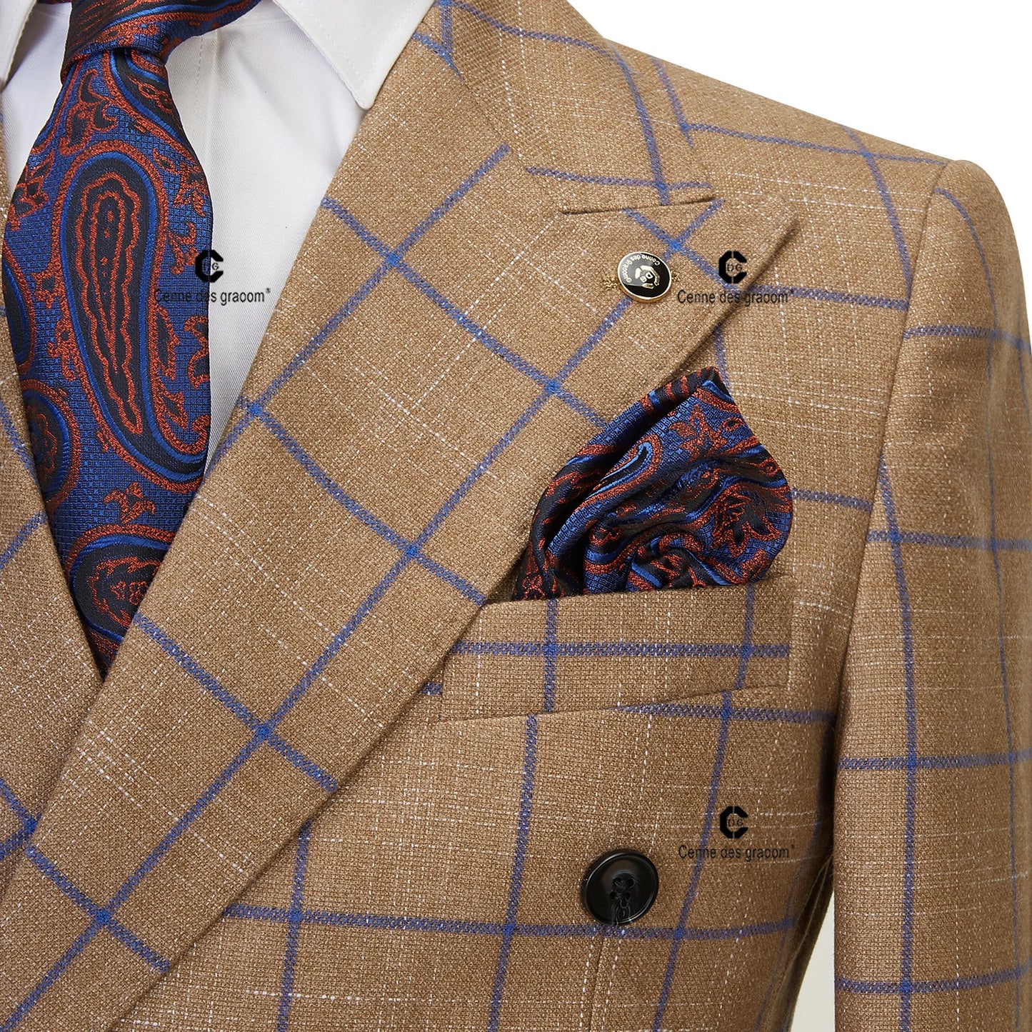 Tuxedo for Mens: Brown Plaid Suits for Men Double Breasted 2 Pcs Set Blazer Jacket