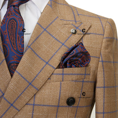 Brown Plaid Suits for Men Double Breasted 2 Pcs Set Blazer Jacket Pants Wedding Party