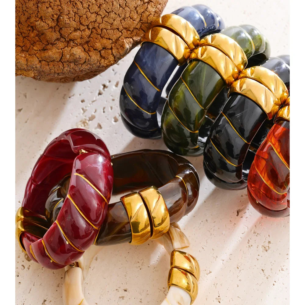 Yhpup Exclusive Multi-Color Acrylic Resin Wide Statement Bracelet Bangle Stainless Steel Autumn Winter Sweater Wrist Jewelry