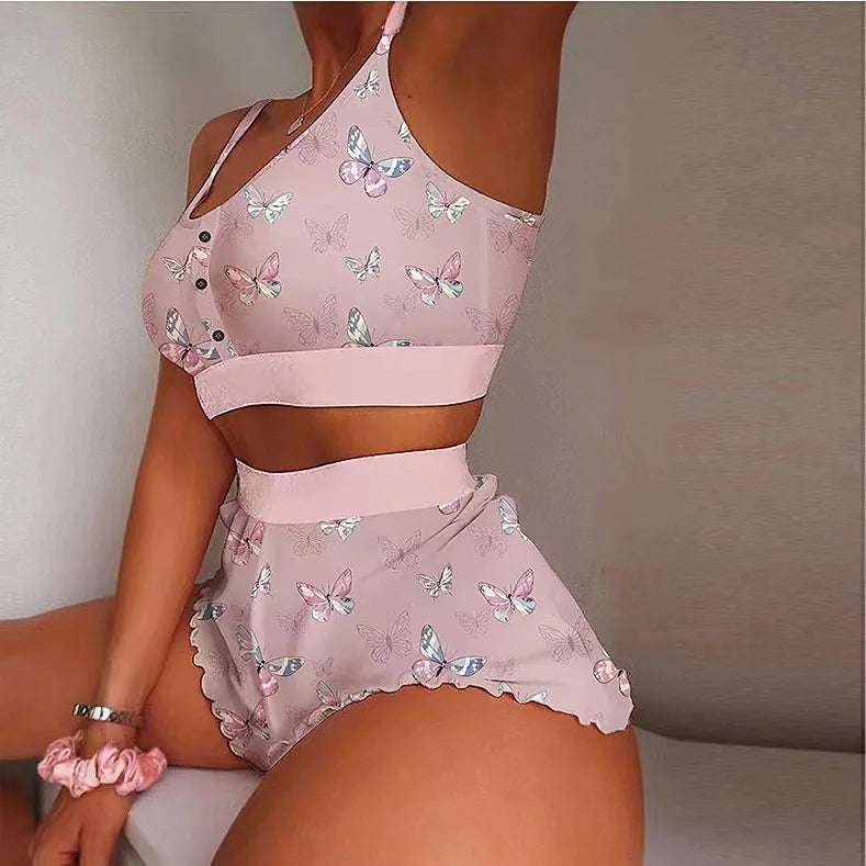 2 Pieces Set Women's Pajama Shorts Suit Multiple Print Underwear Lingerie