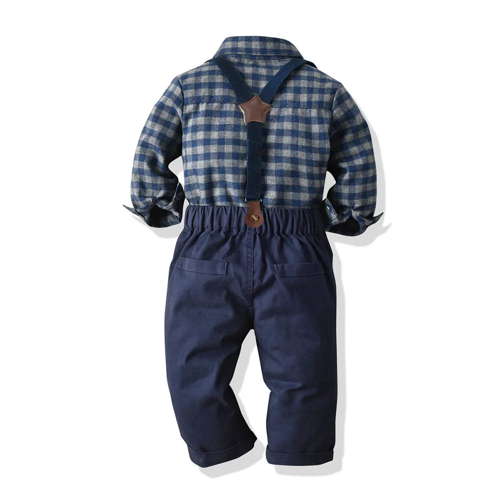 Children's Plaid Shirt and strap pants set for Boys with Bow Tie baby boy clothes 0 to 3Y Autumn Boys Clothes 70-130cm